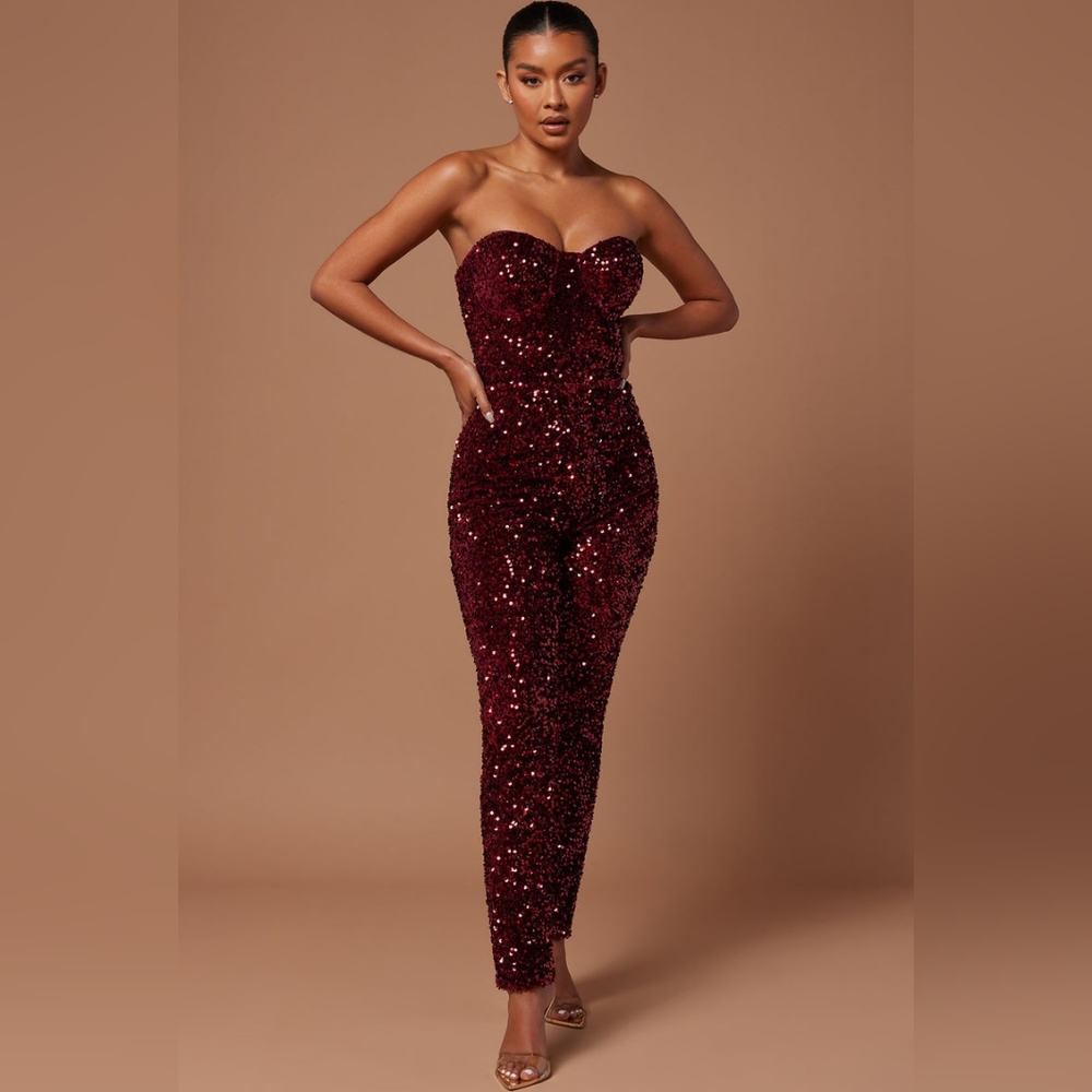 Fashion Nova Isabeli Sequin Jumpsuit - Burgundy